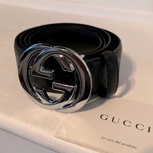 🔥Authentic Gucci Interlocking Silver GG Buckle with Black Leather Belt🔥